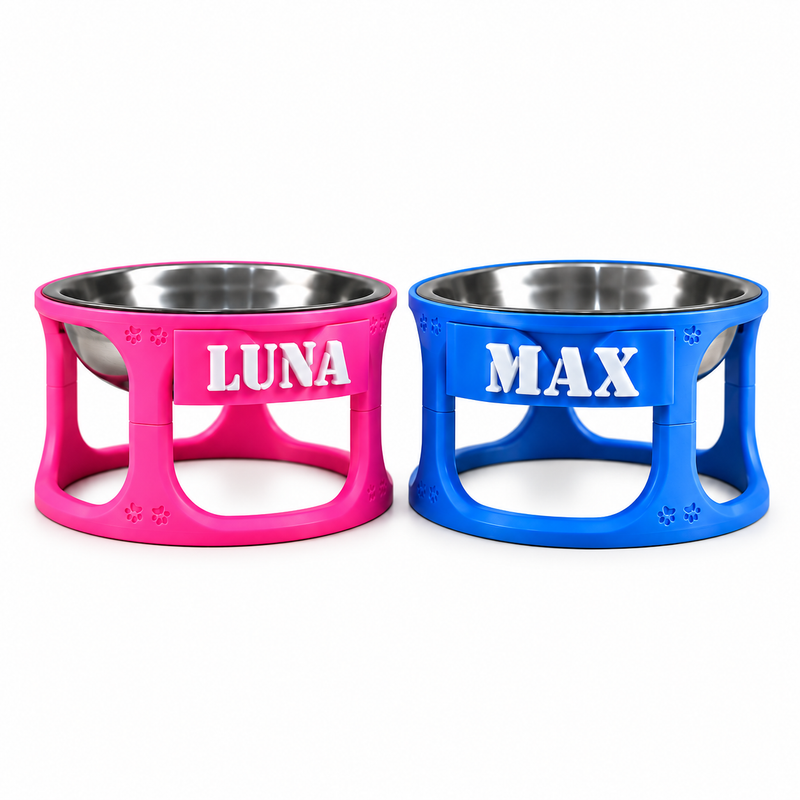 Comedouro Elevado Pet Personalizado com Nome + Tigela Inox para Cães e Gatos