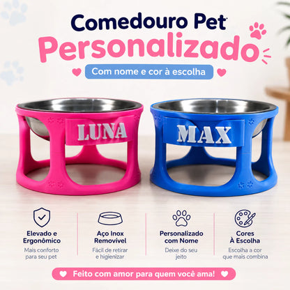 Comedouro Elevado Pet Personalizado com Nome + Tigela Inox para Cães e Gatos