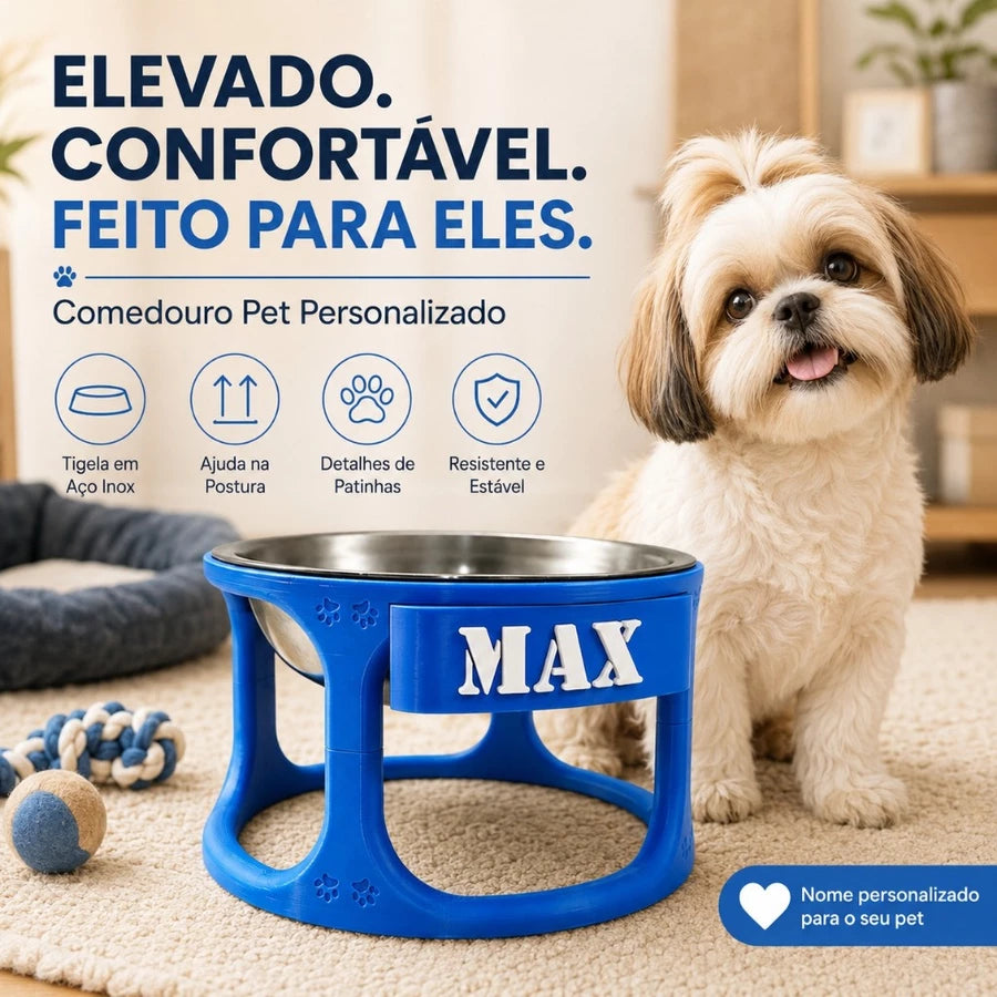 Comedouro Elevado Pet Personalizado com Nome + Tigela Inox para Cães e Gatos
