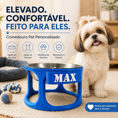 Comedouro Elevado Pet Personalizado com Nome + Tigela Inox para Cães e Gatos