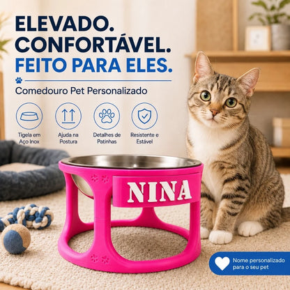 Comedouro Elevado Pet Personalizado com Nome + Tigela Inox para Cães e Gatos